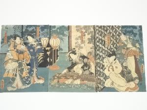 江戸期　三代歌川豊国　役者絵　3枚続　手摺木版画